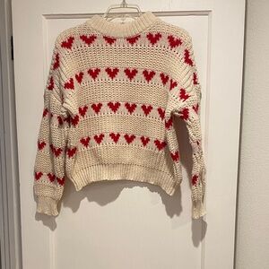 Cream Knit Heart-Pattern Sweater with Red Hearts Size Small